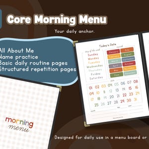 Puede incluir: Una carpeta negra con el t&iacute;tulo "Core Morning Menu". En el interior, p&aacute;ginas que incluyen "All About Me", seguimiento de fechas y p&aacute;ginas de repetici&oacute;n estructuradas. El dise&ntilde;o est&aacute; pensado para el uso diario en una pizarra de men&uacute; o carpeta.