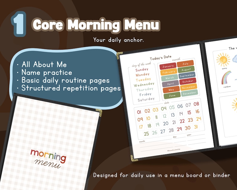 Puede incluir: Una carpeta negra con el t&iacute;tulo "Core Morning Menu". En el interior, p&aacute;ginas que incluyen "All About Me", seguimiento de fechas y p&aacute;ginas de repetici&oacute;n estructuradas. El dise&ntilde;o est&aacute; pensado para el uso diario en una pizarra de men&uacute; o carpeta.