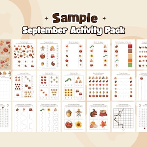 May include: A collection of printable activity sheets for September, featuring fall-themed illustrations. The sheets include counting, matching, and tracing exercises, with images of apples, acorns, and pumpkins. The title "Sample September Activity Pack" is displayed at the top.
