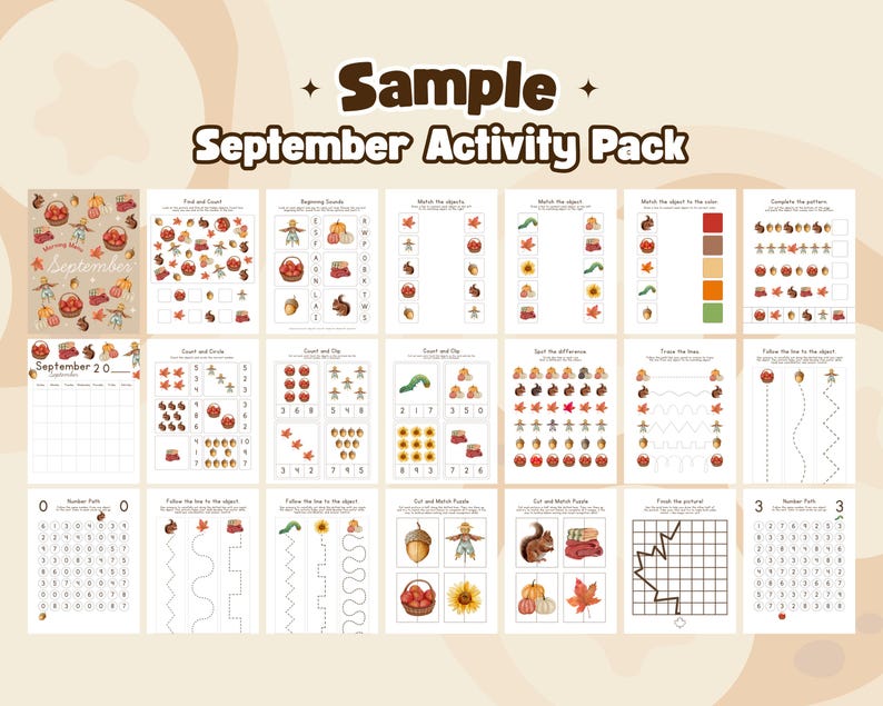 May include: A collection of printable activity sheets for September, featuring fall-themed illustrations. The sheets include counting, matching, and tracing exercises, with images of apples, acorns, and pumpkins. The title "Sample September Activity Pack" is displayed at the top.