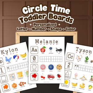 Puede incluir: Tres tableros de aprendizaje personalizados para niños pequeños con los nombres Kylon, Melanie y Tyson. Cada tablero presenta letras, números, formas y colores con ilustraciones correspondientes. Los tableros están diseñados para el juego educativo.