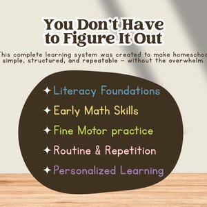 Puede incluir: Gr&aacute;fico educativo con el texto "You Don't Have to Figure It Out". Un &oacute;valo marr&oacute;n oscuro enumera "Literacy Foundations", "Early Math Skills", "Fine Motor practice", "Routine & Repetition" y "Personalized Learning" en varios colores.