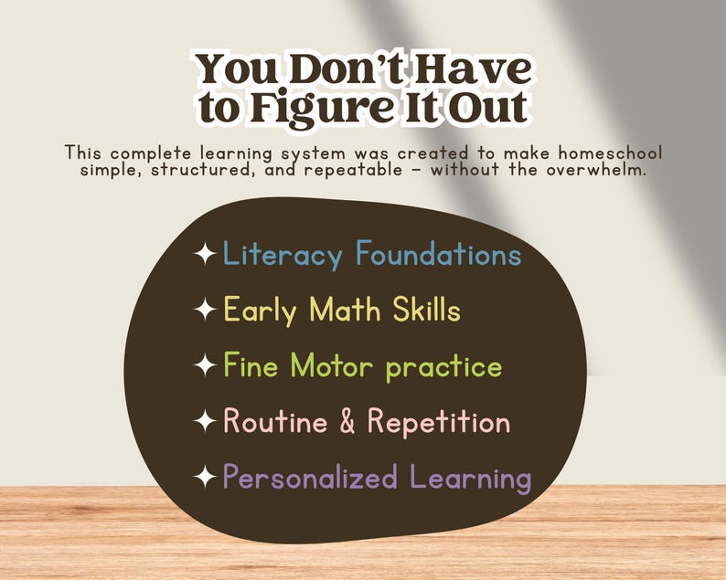Puede incluir: Gr&aacute;fico educativo con el texto "You Don't Have to Figure It Out". Un &oacute;valo marr&oacute;n oscuro enumera "Literacy Foundations", "Early Math Skills", "Fine Motor practice", "Routine & Repetition" y "Personalized Learning" en varios colores.