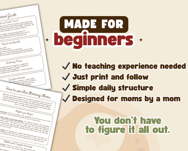 May include: A workbook titled "Made for Beginners" with text including "No teaching experience needed" and "Just print and follow." The design features a beige background with brown and red text, and a parent guide.