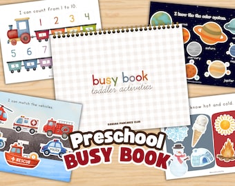 Puede incluir: Un libro de actividades en espiral para niños pequeños con una cubierta de cuadros blancos que presenta el texto busy book toddler activities y Banana Pancakes Club. Las páginas circundantes muestran conteo con un tren, el sistema solar, emparejamiento de vehículos y elementos fríos y calientes.