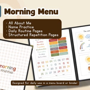 May include: A morning menu with pages for daily routines, name practice, and structured repetition. The menu includes a calendar, weather chart, and seasonal illustrations. The text says "Morning Menu" and "Designed for daily use in a menu board or binder."