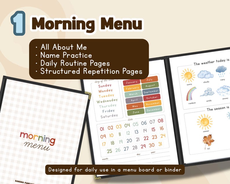 May include: A morning menu with pages for daily routines, name practice, and structured repetition. The menu includes a calendar, weather chart, and seasonal illustrations. The text says "Morning Menu" and "Designed for daily use in a menu board or binder."