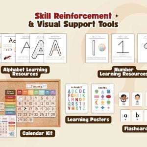 May include: Educational resources for children, including alphabet and number learning resources, flashcards, and a calendar kit. The image features colorful posters, flashcards, and worksheets for early learning.