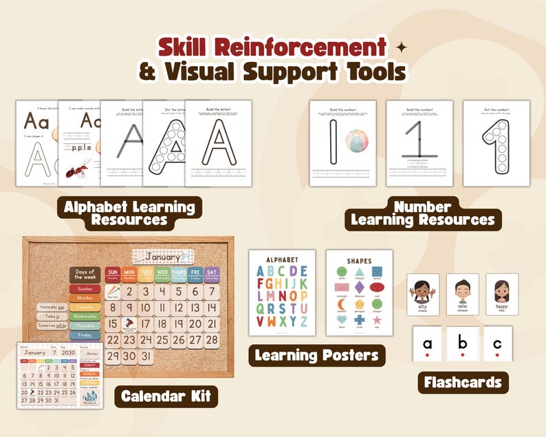 May include: Educational resources for children, including alphabet and number learning resources, flashcards, and a calendar kit. The image features colorful posters, flashcards, and worksheets for early learning.