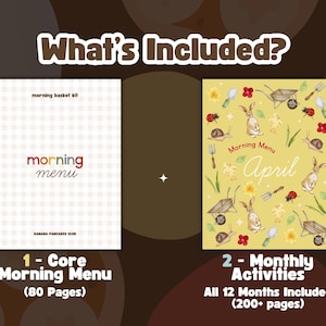 Puede incluir: Imagen de un kit de men&uacute; matutino. El kit incluye un men&uacute; matutino b&aacute;sico con 80 p&aacute;ginas y actividades mensuales con m&aacute;s de 200 p&aacute;ginas. El dise&ntilde;o presenta el texto "morning menu" y una ilustraci&oacute;n de tem&aacute;tica primaveral con conejos y herramientas de jard&iacute;n.