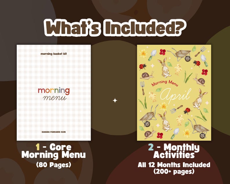 Puede incluir: Imagen de un kit de men&uacute; matutino. El kit incluye un men&uacute; matutino b&aacute;sico con 80 p&aacute;ginas y actividades mensuales con m&aacute;s de 200 p&aacute;ginas. El dise&ntilde;o presenta el texto "morning menu" y una ilustraci&oacute;n de tem&aacute;tica primaveral con conejos y herramientas de jard&iacute;n.