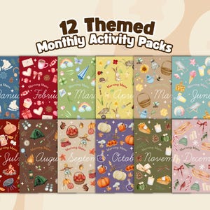 May include: Twelve themed monthly activity packs, each with a unique seasonal design. The packs feature illustrations for January, February, March, April, May, June, July, August, September, October, November, and December.