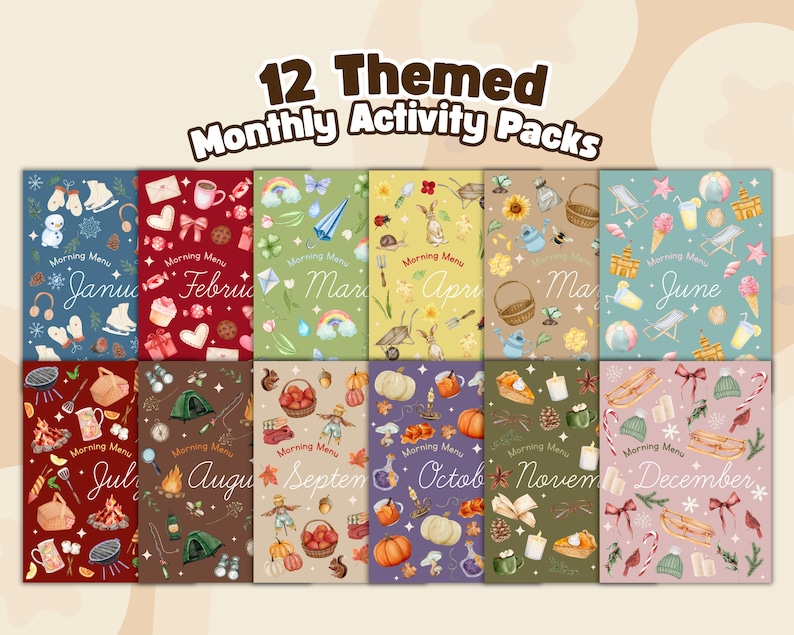 May include: Twelve themed monthly activity packs, each with a unique seasonal design. The packs feature illustrations for January, February, March, April, May, June, July, August, September, October, November, and December.