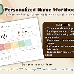 May include: A personalized name workbook with the name "Kenji" displayed on the pages. The workbook includes tracing, writing, and building activities. The cover features the text "Personalized Name Workbook" and "20 Activity Pages".