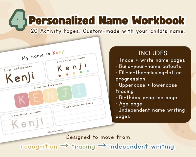 May include: A personalized name workbook with the name "Kenji" displayed on the pages. The workbook includes tracing, writing, and building activities. The cover features the text "Personalized Name Workbook" and "20 Activity Pages".