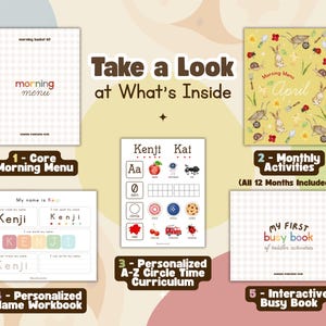 May include: A collection of educational materials for toddlers, including a core morning menu, monthly activities, a personalized name workbook, an A-Z circle time curriculum, and an interactive busy book. The materials feature colorful illustrations and the text "Take a Look at What's Inside".
