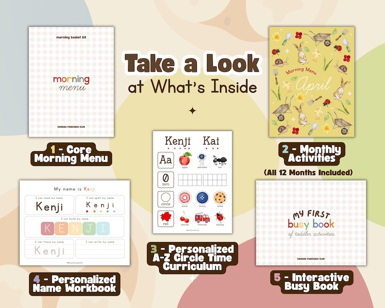 May include: A collection of educational materials for toddlers, including a core morning menu, monthly activities, a personalized name workbook, an A-Z circle time curriculum, and an interactive busy book. The materials feature colorful illustrations and the text "Take a Look at What's Inside".