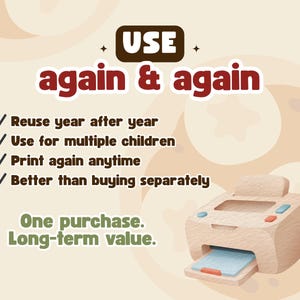 May include: A beige printer with blue and red buttons and a paper tray. Text reads "USE again & again," with bullet points listing benefits like reuse and long-term value. The background is a light brown color.