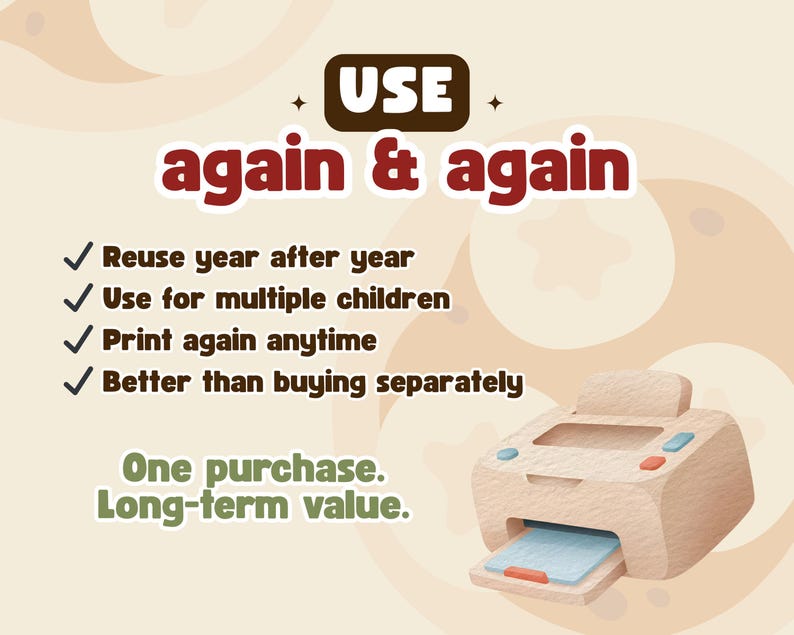 May include: A beige printer with blue and red buttons and a paper tray. Text reads "USE again & again," with bullet points listing benefits like reuse and long-term value. The background is a light brown color.