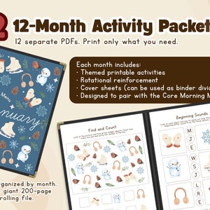 May include: Two 12-Month Activity Packets with the text "Morning Menu January". The packets include themed printable activities, rotational reinforcement, and cover sheets. The image shows winter-themed illustrations of snowmen, mittens, and ice skates.