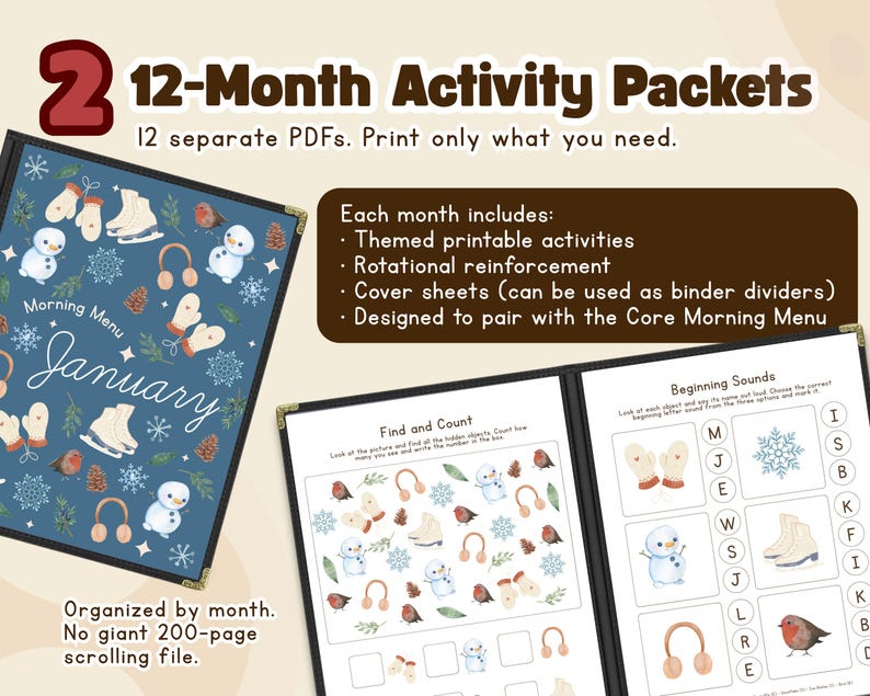 May include: Two 12-Month Activity Packets with the text "Morning Menu January". The packets include themed printable activities, rotational reinforcement, and cover sheets. The image shows winter-themed illustrations of snowmen, mittens, and ice skates.