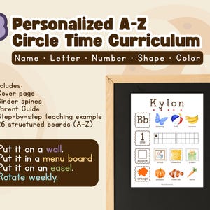May include: A personalized A-Z Circle Time Curriculum poster with the name "Kylon" at the top. The poster includes letters, numbers, shapes, and colors. The poster is displayed on a black chalkboard with a wooden frame.