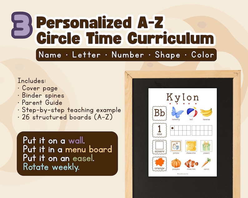 May include: A personalized A-Z Circle Time Curriculum poster with the name "Kylon" at the top. The poster includes letters, numbers, shapes, and colors. The poster is displayed on a black chalkboard with a wooden frame.