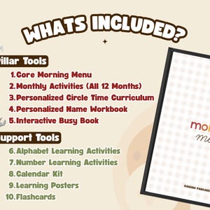 May include: A tan graphic with the text "WHATS INCLUDED?" and a list of educational tools. The list includes a core morning menu, monthly activities, and a personalized curriculum. A framed "morning menu" sign is on the right.