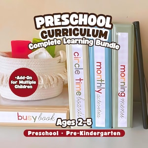 May include: A complete preschool curriculum bundle with binders labelled "circle time boards", "monthly activities", and "morning menu". A white basket with fringe and a red circle with text "Add-On for Multiple Children" is also present. The text "busy book Ages 2-5" is visible.