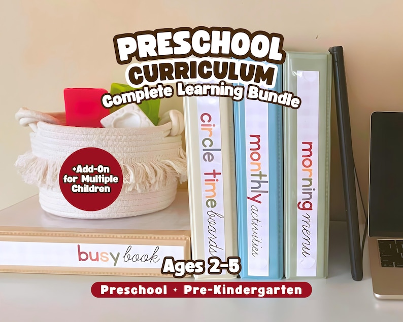 May include: A complete preschool curriculum bundle with binders labeled "circle time boards", "monthly activities", and "morning menu". A white basket with fringe and a red circle with text "Add-On for Multiple Children" is also present. The text "busy book Ages 2-5" is visible.
