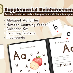 May include: Educational bundle with alphabet activities, number learning packet, calendar kit, learning posters, and flashcards. The image shows pages with the letters "a", "b", and "c", and the word "apple".