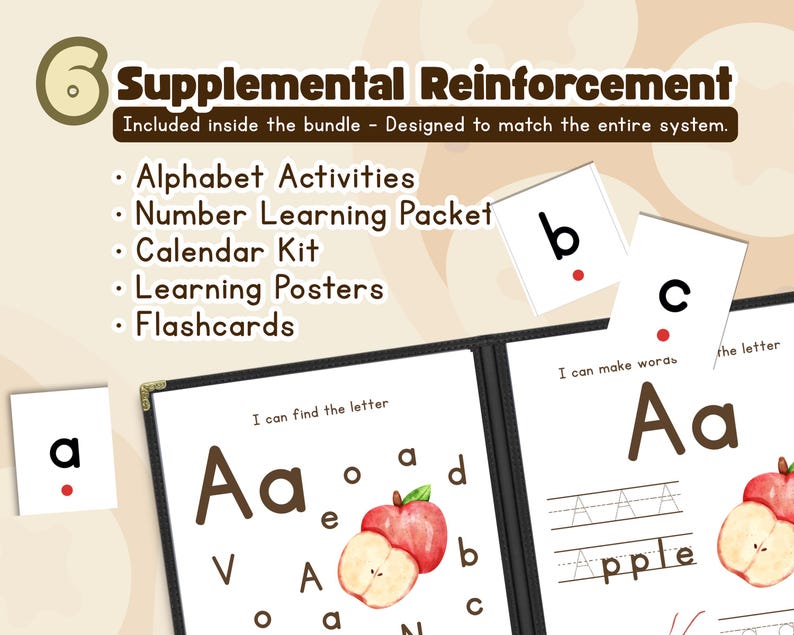 May include: Educational bundle with alphabet activities, number learning packet, calendar kit, learning posters, and flashcards. The image shows pages with the letters "a", "b", and "c", and the word "apple".