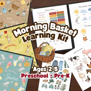 Puede incluir: Un kit educativo colorido para ni&ntilde;os de 2 a 5 a&ntilde;os, con el texto "Morning Basket Learning Kit". El kit incluye p&aacute;ginas ilustradas para los meses, el clima, las estaciones y los animales. Dise&ntilde;ado para el aprendizaje preescolar y pre-K.