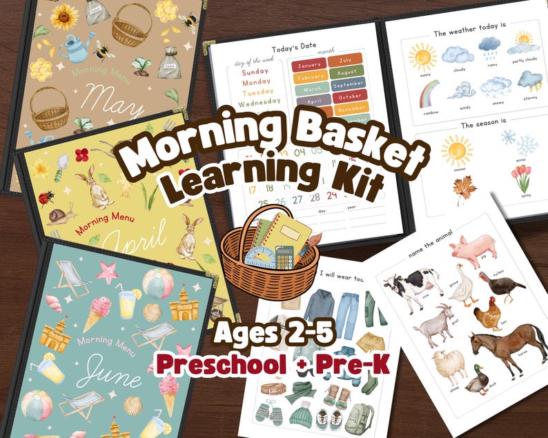 Puede incluir: Un kit educativo colorido para ni&ntilde;os de 2 a 5 a&ntilde;os, con el texto "Morning Basket Learning Kit". El kit incluye p&aacute;ginas ilustradas para los meses, el clima, las estaciones y los animales. Dise&ntilde;ado para el aprendizaje preescolar y pre-K.