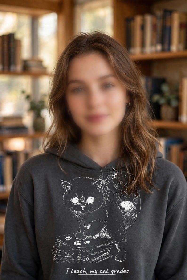 May include: A charcoal gray hooded sweatshirt featuring a white graphic illustration of a cat standing on a stack of books with paw prints on the cover. Below the illustration, the text reads, I teach, my cat grades.