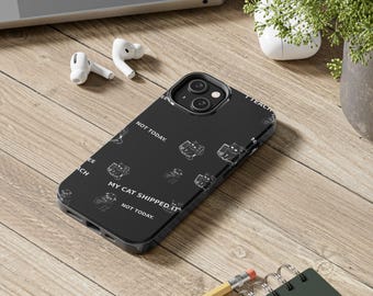 Funny Cat Tough Phone Case Charcoal, Sarcastic All-Over Print Phone Cover, Grumpy Cat Pattern, Gift for Cat Lover