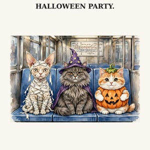 Camiseta engraçada de Halloween com gatos, camiseta com gatos no metrô, presente assustador para amantes de gatos, bruxa múmia abóbora gatos, camiseta de Halloween desenhada à mão imagem 2