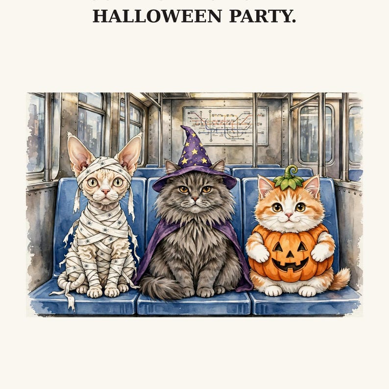 Camiseta engraçada de Halloween com gatos, camiseta com gatos no metrô, presente assustador para amantes de gatos, bruxa múmia abóbora gatos, camiseta de Halloween desenhada à mão imagem 2