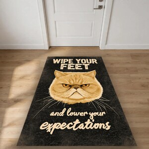 May include: A rectangular black doormat featuring a graphic illustration of a grumpy orange cat face in the centre. The text WIPE YOUR FEET is printed in white above the cat, and the text and lower your expectations is printed below.