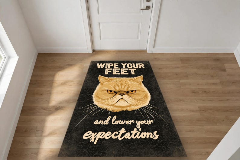 May include: A rectangular black doormat featuring a graphic illustration of a grumpy orange cat face in the centre. The text WIPE YOUR FEET is printed in white above the cat, and the text and lower your expectations is printed below.