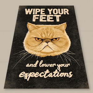 May include: A rectangular black doormat featuring a central illustration of a grumpy orange cat face. The text WIPE YOUR FEET is printed in white above the cat, and the text and lower your expectations is printed in white below the cat.