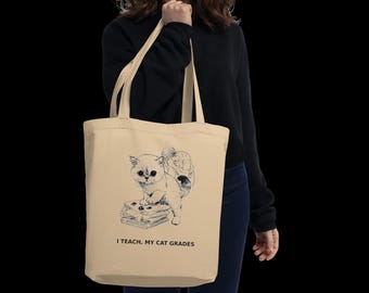 Teacher Cat Tote, Funny Grumpy Cat Teacher Tote Bag, Teacher Appreciation Gift, Cat Lover Teacher Bag Cat Mom Gift