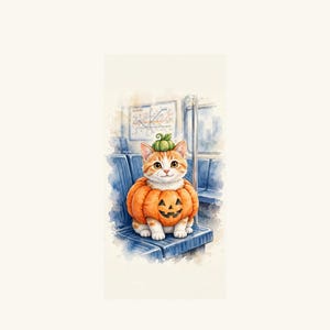 K&ouml;nnte beinhalten: Eine Aquarellillustration einer orange-wei&szlig;en getigerten Katze, die auf einem blauen U-Bahn-Sitz sitzt. Die Katze tr&auml;gt ein geschnitztes K&uuml;rbiskost&uuml;m um den K&ouml;rper und einen kleinen gr&uuml;nen K&uuml;rbisstielhut auf dem Kopf.