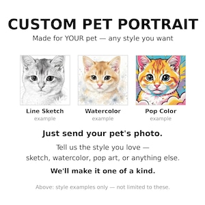May include: A custom pet portrait service advertisement featuring three cat illustrations: a black and white line sketch, a soft watercolor painting, and a vibrant pop color graphic. Text includes CUSTOM PET PORTRAIT and instructions to send a pet photo.