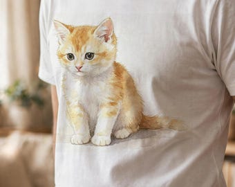 Camiseta com estampa de gatinho em aquarela, camiseta fofa com gatinho laranja, camiseta com estampa de gato em aquarela, presente para amantes de gatinhos, Bella Canvas 3001