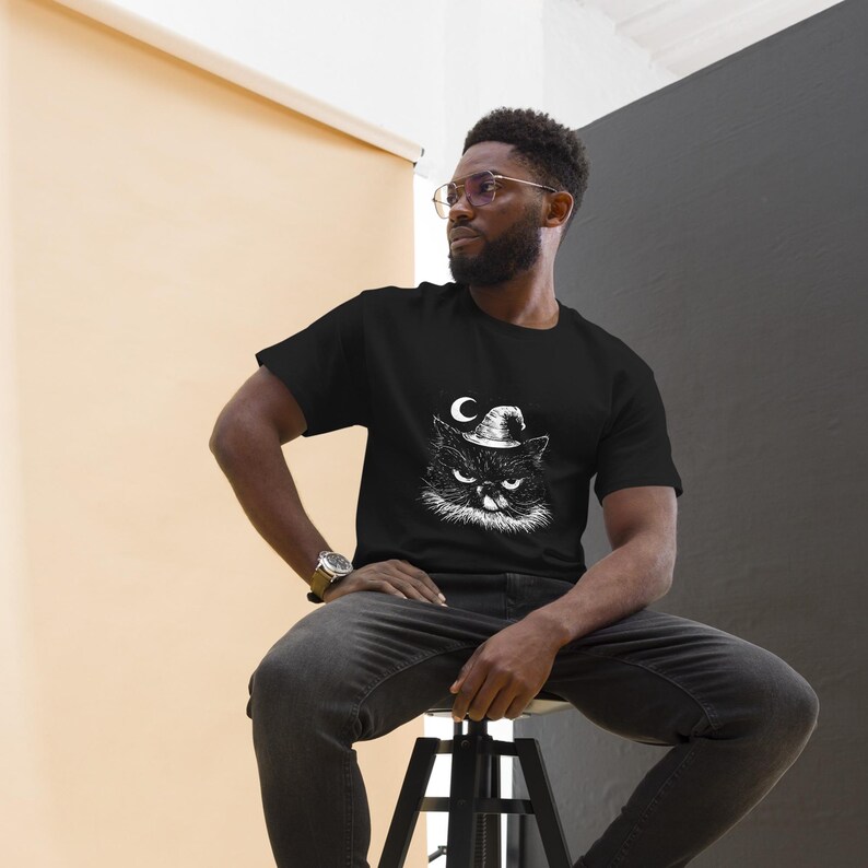 Moon Witch Cat Shirt, Grumpy Halloween Cat Tee, Crescent Moon Cat T-Shirt, Spooky Witchy Cat Shirt, Black Cat Halloween Gift image 1