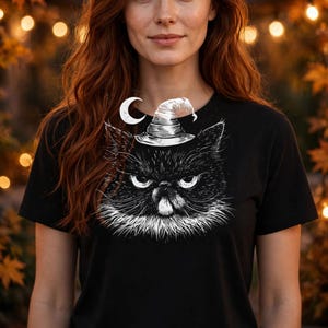 Moon Witch Cat Shirt, Grumpy Halloween Cat Tee, Crescent Moon Cat T-Shirt, Spooky Witchy Cat Shirt, Black Cat Halloween Gift image 2