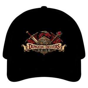 May include: A black baseball cap featuring a graphic print of a red dragon, a sword, a staff, and a twenty-sided die centered above a beige scroll banner with the text Dungeon Delvers Guild in dark red lettering.