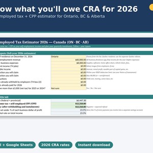 Self Employed Tax Calculator Canada 2026, CPP & CRA Instalment Planner, Ontario BC Alberta Freelancer Spreadsheet, Google Sheets Excel image 1
