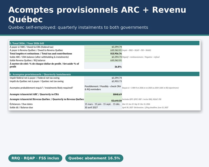 Quebec Self Employed Tax Estimator 2026, QPP Both Shares, Quarterly Instalment Schedule, Blank and Filled Example, Official Sources, Excel image 2
